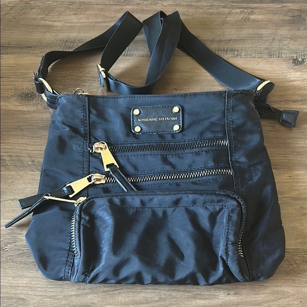 Vintage Adrienne Vittadini Black Nylon Crossbody with Gold Accents